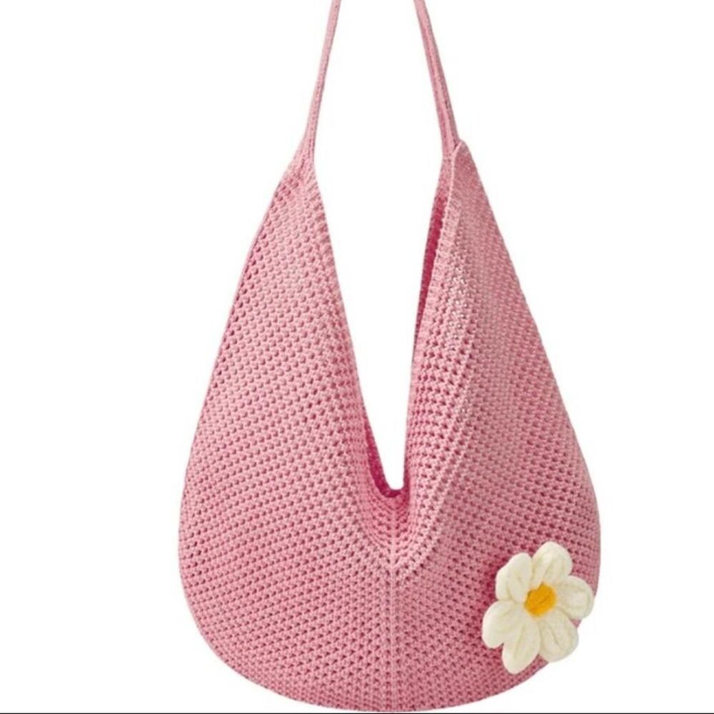 Women's 100% Crochet Purse Bag Flower Pink Floral Tote
